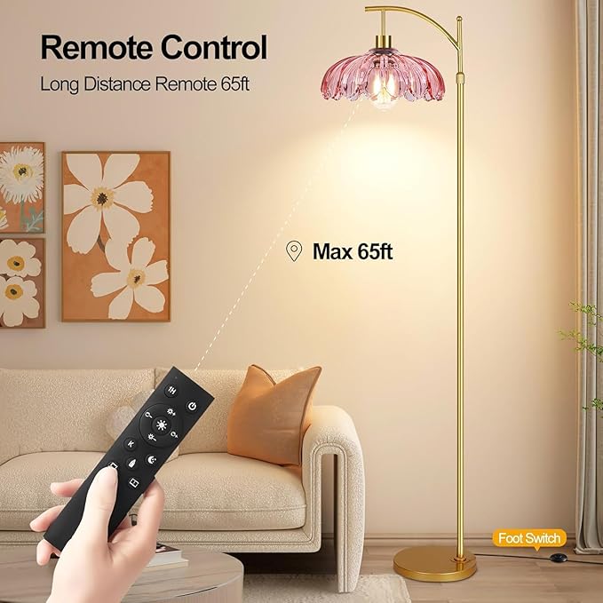 Gold Arc Floor Lamp for Living Room Bedroom,Mid Century Modern Standing Lamp with Remote,Dimmable Brass Tall Lamp Pink Flower Glass Lamp,Adjustable Vintage Floor Lamps Floor Light for Corner Office