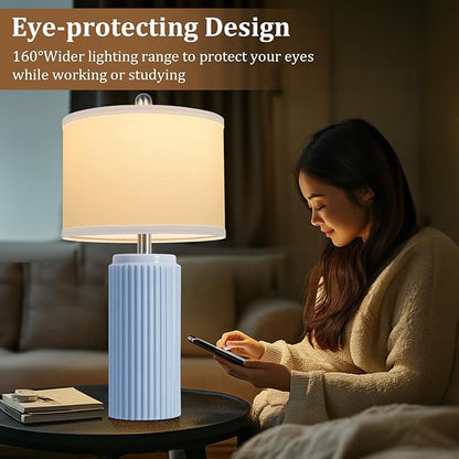 23.5’’ Sky Blue Farmhouse Table Lamps for Living Room Set of 2, Modern Elegant Ceramic Bedside Nightstand Lamps with White Linen Shade for Bedroom, Coastal Lamps Set for Study Home Office