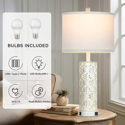 Set of 2 Rustic Table Lamps for Living Room Bedroom, Vintage Farmhouse Nightstand Lamp with 2 USB Ports, Hollow Out Metel Lamp for End Table with Nightlight (White)