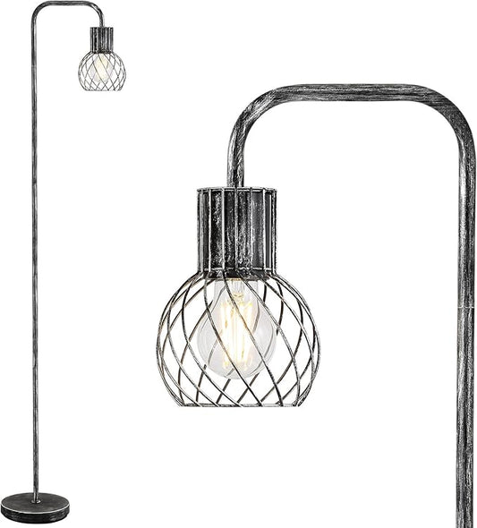 Industrial Floor Lamp, Antique Silver Standing Lamp Modern with 6W LED Bulb, Foot Switch, Metal Tall Lamps for Living Room, Bedroom, Office, Den, Vintage Stand Up Lamp, Minimalist Farmhouse Floor Lamp