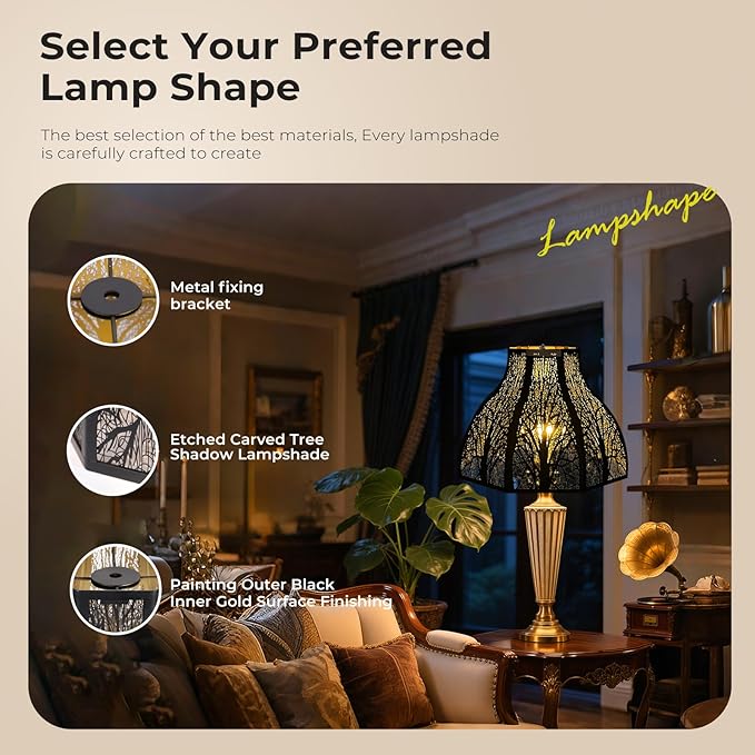 Metal large Antique Color Lamp Shade, gothic rustic lamp shade,modern black 8-Petal Lotus Design lamp shades,5.32" Top Diameter, 13" Bottom Diameter, 9.5" Height, Etched Forest Pattern