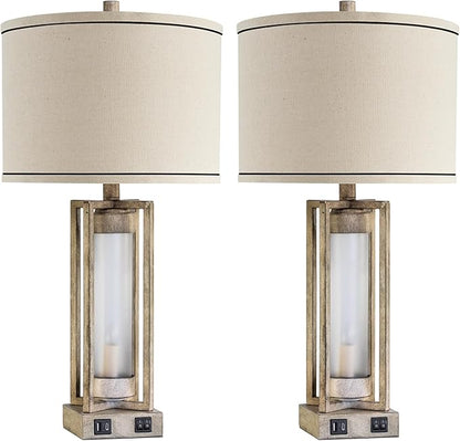 RORIANO 25" Set of 2 Farmhouse Table Lamps for Living Room with USB A+C Ports, Rustic Nightstand Lamp with White Night Light, Vintage Desk Lamp for Entryway Bedroom End Table, 4 Bulbs Included