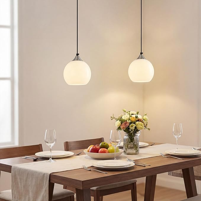 Milky Luster Glass Pendant Lights Kitchen Island Globe Pendant Light Fixtures Modern Pendant Lighting for Bedroom Living Dining Room Light Fixture (5.9 in, 2 Pack)