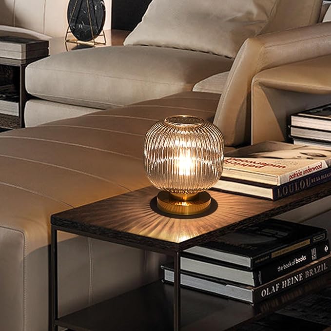 Bedside Table Lamp with Glass Shade, Small Nightlight Lamp Elegant Nightstand Lamp Modern Desk Lamp with Plug-in Style for Bedroom Living Room Tabletop,Smoky Gray, Dia7.9"x H8.7"