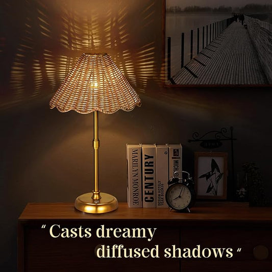 Cordless Boho Rattan Table lamp, 5200-mAh Rechargeable Battery, 3-level Brightness Dimmable, Build-in Integrated LED 320 Lumen Max, Rattan Shade, for Bedside Restaurant Resort Hotel Dining Table