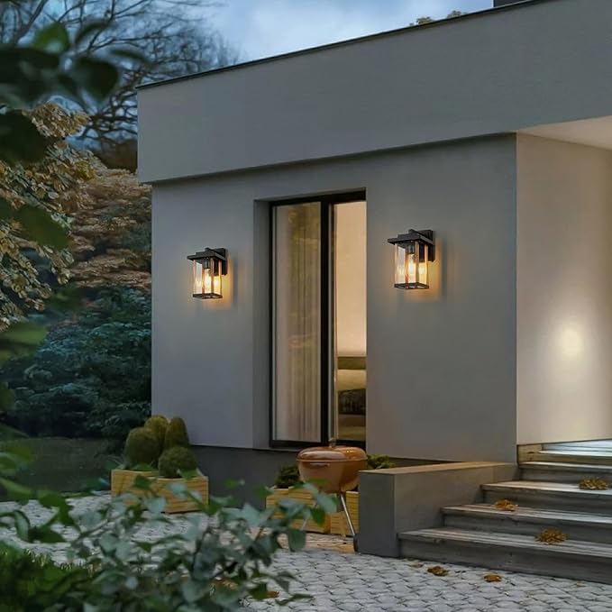 Outdoor Wall Sconce, Outside Porch Light Fixtures, Wall Mount Anti-Rust Exterior Wall Lights in Wood Grain Finish & Black Finish with Clear Glass for Garage Doorway Entryway