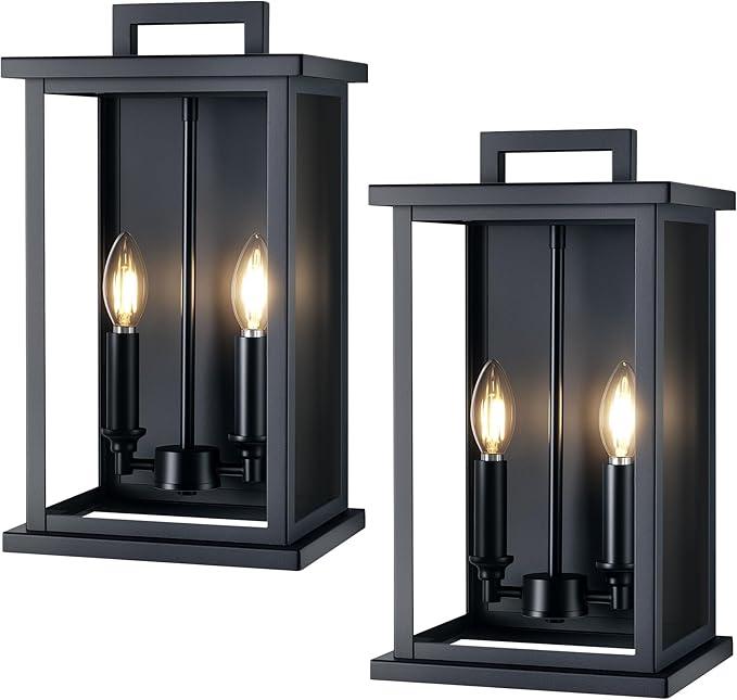 Large Outdoor Lights For House,Modern Exterior Lighting Fixtures,Black Outdoor Wall Lantern Sconce,2-Light Front Porch Garage Hallway Wall Mount Light With Thick Glass Shades Waterproof 2 Pack