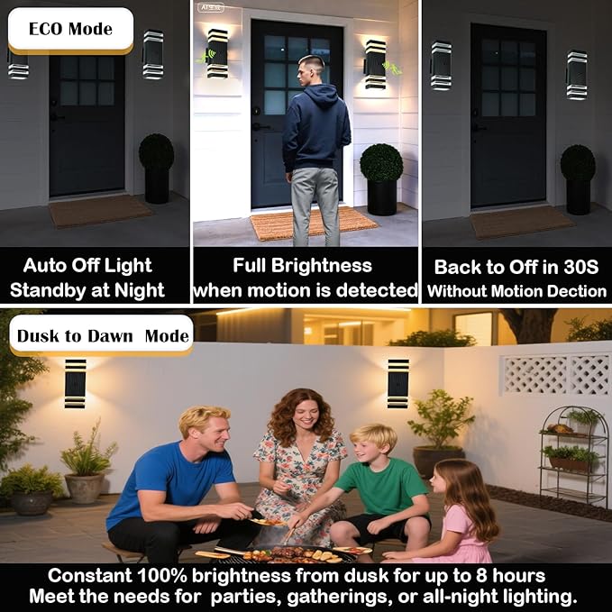Motion Sensor Outdoor Wall Lights with 3 Lighting Modes, Dusk to Dawn Porch Light with Bulbs Include, IP65 Waterproof Modern Black Wall Sconce for Patio, Garage, Front Door