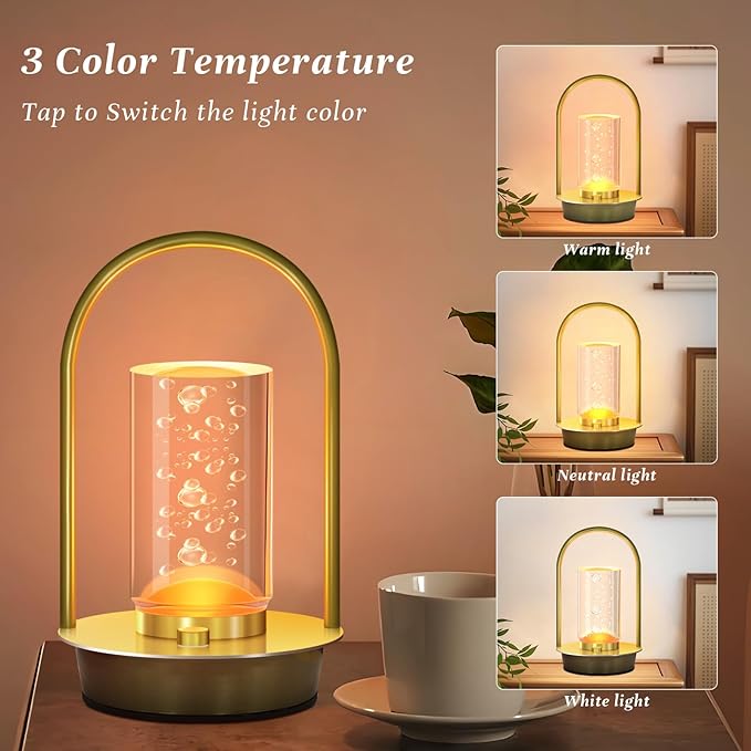 Portable Cordless Table Lamp, 3 Colors Dimmable Touch Lamps for Nightstand Rechargeable Battery Powered Metal Small Desk Lamp Lantern Lamps Outdoor Lamp for Patio Bedroom Restaurant Bar Camping