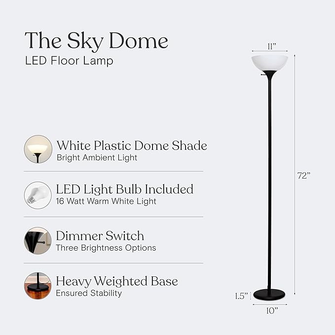 Brightech Sky Dome Dimmable LED Floor Lamp, Torchiere Floor Lamp for Living Room, Bedroom, & Office – Tall Torch Standing Lamp for Reading, Modern Home Decor – Jet Black