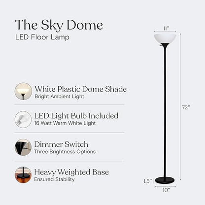 Brightech Sky Dome Dimmable LED Floor Lamp, Torchiere Floor Lamp for Living Room, Bedroom, & Office – Tall Torch Standing Lamp for Reading, Modern Home Decor – Jet Black