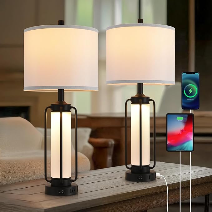 Terpsichore Farmhouse Lamps for Living Room Rustic Bedside Lamp Lamps Set of 2,Vintage Bedroom Nightstand Table Lamp Rocker Switch & USB A+C Ports & AC Outlet,Built-In Frosted Glass Night Light