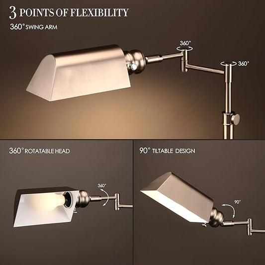 O’Bright Arcadia - Pharmacy Floor Lamp, Full Range Dimming, Swing Arm Task Lamp, E26 Socket, Bulb Replaceable, Adjustable Height 47” to 55”, 360° Rotatable Shade, All-Metal Design, Brushed Nickel
