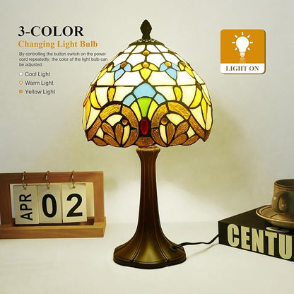 Tiffany Table Lamp Beige Baroque 8 Inch Wide Vintage Bedside Table Lamp Night Light Stained Glass Lamp Antique Art Craft Gifts Alloy Base 15 Inch Tall Vintage Reading Lamp