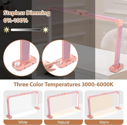 FAHKNS Large Half-Moon Light for Nail Desk, 34IN Foldable LED Lamp with Phone Holder, 3000-6000K Color Temperature, Stepless Brightness Adjustment, Nail Art, Tattooing, Pink with Diamonds