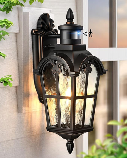 VIANIS Motion Sensor Outdoor Lights, 16.4" H Black Porch Light Outside Lantern with Gold Trim, Waterproof Dusk to Dawn Outdoor Lighting, Exterior Lighting Fixtures for House, Garden, Patio