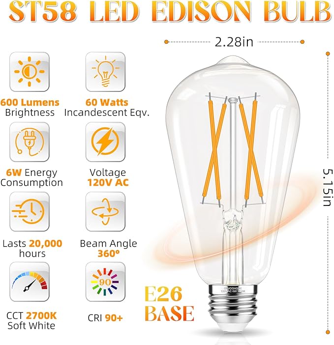 Edison Bulbs 60 watt Equivalent LED, E26 Bulb Non-Dimmable, Soft White 2700K, ST58 Vintage Light Bulbs, 90+ CRI, 6W 600LM, E26 Medium Base, Clear Glass, 18 Pack