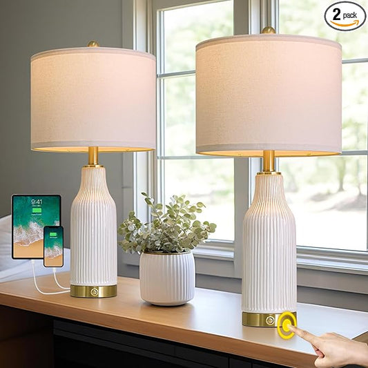 24.5" Modern 3-Way Dimmable Touch Control with USB A+C Ceramic Lamps Set of 2 Table Lamp for Living Room Bedroom Farmhouse Nightstand Bedside White