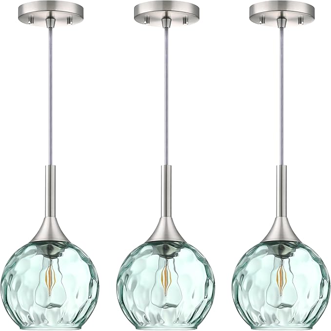 6.3" Hammer Green Glass Pendant Light 3 Pack Pendant Ceiling Light Fixture Brushed Nickel Finish Modern Farmhouse Dinning Over Sink Adjustable Height Cord