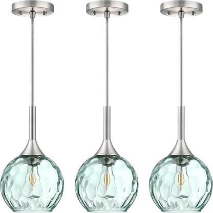 6.3" Hammer Green Glass Pendant Light 3 Pack Pendant Ceiling Light Fixture Brushed Nickel Finish Modern Farmhouse Dinning Over Sink Adjustable Height Cord