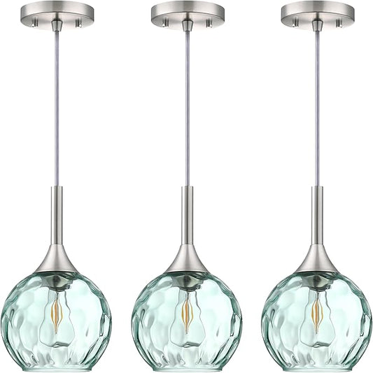 6.3" Hammer Green Glass Pendant Light 3 Pack Pendant Ceiling Light Fixture Brushed Nickel Finish Modern Farmhouse Dinning Over Sink Adjustable Height Cord