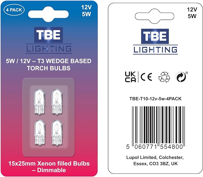 TBE LIGHTING Replacement 12 Volt, 5w T3 1/4 Wedge Base Xenon Bulbs, Pack of 4 Low Voltage Wedge Base Bulbs W5W for Landscape, RV and Cabinet Lighting T10 Dimmable Clear Bulb.
