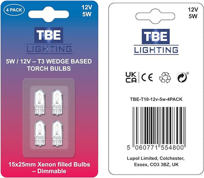 TBE LIGHTING Replacement 12 Volt, 5w T3 1/4 Wedge Base Xenon Bulbs, Pack of 4 Low Voltage Wedge Base Bulbs W5W for Landscape, RV and Cabinet Lighting T10 Dimmable Clear Bulb.