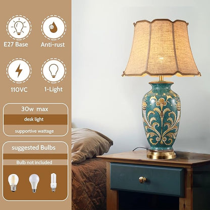 28.3” Green Tall Table Lamp chinoiserie Ceramic Table Lamp Colored Flower and Bird Decoration and Branch Bell Shade Decor Classic Traditional Bedside Desk Nightstand Lamp for Bedroom Living Room