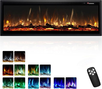 EUHOMY 50 Inch Electric Fireplace Recessed Wall Mounted Freestanding with Remote Control, Ultra-thin Fireplace Heater with Adjustable Flame Color, Linear Fireplace with Timer, Log & Crystal, 750/1500W