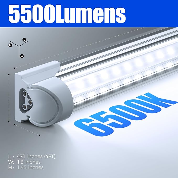 Barrina LED Shop Light 4FT, 40W 5500LM 6500K, Clear Cover Hanging Light Fixture, Linkable Tube Lights, V Shape LED Ceiling Lights for Garage, Warehouse, Workshop, 6 Packs