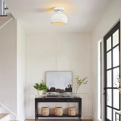 White Semi Flush Mount Ceiling Light - 2 Pack, Glaze Ceramic Vintage Hallway Light Fixtures, Milk White Globe Ceiling Lights, Mid Century Small Light Fixture for Cottage Entryway Laundry Room Foyer