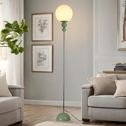 Modern Glass Floor Lamp for Bedroom, 63'' Vintage Mid-Century Floor Lamp with Milky White Frosted Glass Globe Shade for Living Room Corner, Slim Standing Reading Lamp for Office Decor (Pastel Green)
