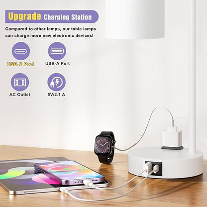 Innqoo Industrial White Table Lamps for Bedrooms Set of 2-3-Way Dimmable Desk Lamp with USB C+A Ports and Outlet, White Lamps with Opal Glass Shade for Living Room