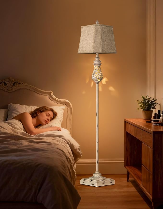PARTPHONER 64'' Vintage Floor Lamp with Nightlight, Rustic Farmhouse Tall Standing Lamp with Rotary Switch and Beige Linen Shade for Living Room, Corner, Bedroom, House Decor, White (Bulb Included)