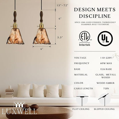 Modern Amber Glass Pendant Light, 6"x11.5" Floral Bell-Shaped Hanging Light with Wood Handle & Brass Cap, 15"-72" Adjustable Line, E26 Socket – Golden Amber Morning Glory