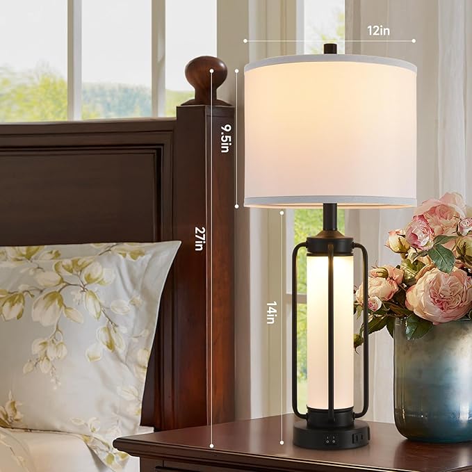 Terpsichore Farmhouse Lamps for Living Room Rustic Bedside Lamp Lamps Set of 2,Vintage Bedroom Nightstand Table Lamp Rocker Switch & USB A+C Ports & AC Outlet,Built-In Frosted Glass Night Light
