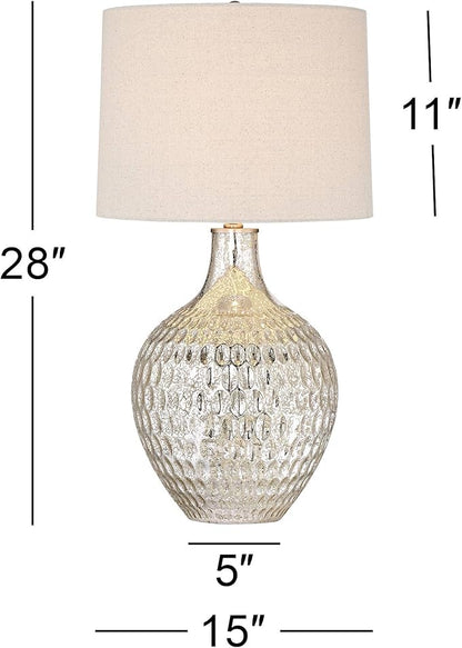 360 Lighting Waylon Modern Glam Luxury Table Lamp 28" Tall Dimpled Textured Mercury Glass Off-White Tapered Drum Shade Decor for Living Room Bedroom House Bedside Nightstand Home Office