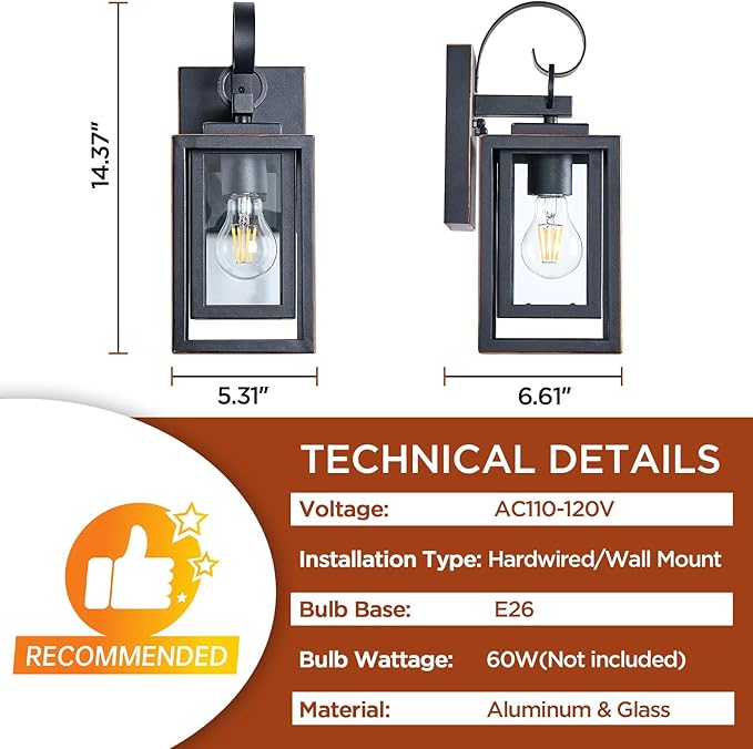 2-Pack Outdoor Wall Lights with Waterproof, Exterior Lighting Fixtures Wall Mount, Black Finish with Gold Trim Porch Lights Outdoor Wall Sconces Lanterns, Modern Coach Lights for House, Doorway