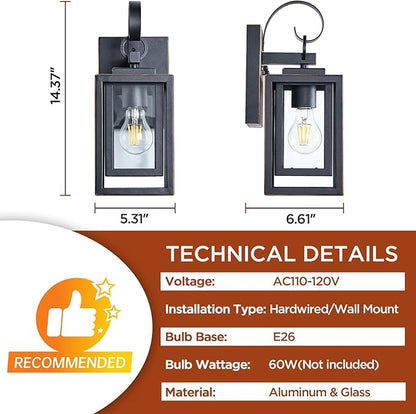2-Pack Outdoor Wall Lights with Waterproof, Exterior Lighting Fixtures Wall Mount, Black Finish with Gold Trim Porch Lights Outdoor Wall Sconces Lanterns, Modern Coach Lights for House, Doorway