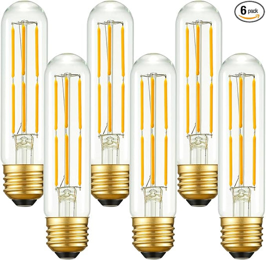 Arberlic 5 Inch T10 LED Bulb,6W Tubular Light Bulb Equivalent E26 led Bulb 60 watt dimmable,Warm White 2700K,600lm,CRI85+,AC120V,Edison Style,Clear Glass,Flicker Free,Pack of 6