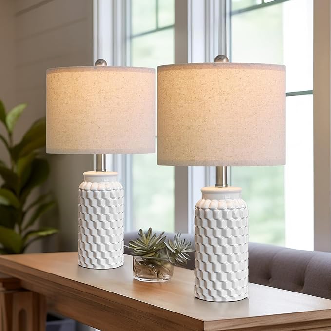 20.5" Set of 2 Bedside Table Lamps Modern White Honeycomb Ceramic - Linen Shade, E26 Knob Switch for Living Room, Bedroom & Nightstand
