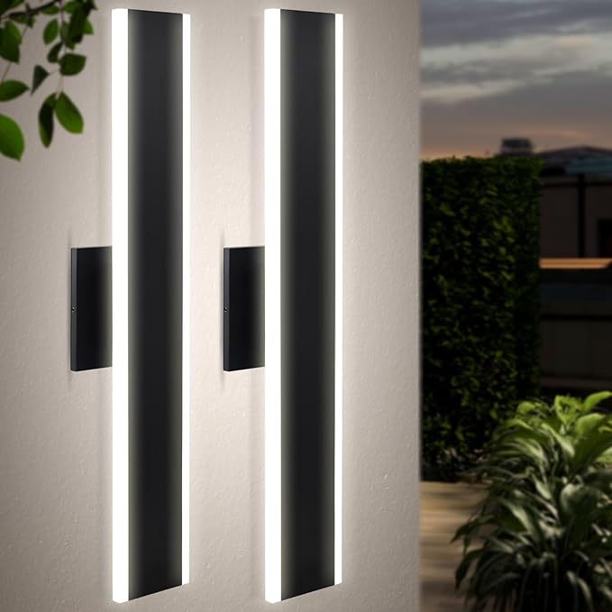 LUXRITE 24 Inch LED Outdoor Wall Sconce, 25W, 2000 Lumens, 5CCT Selectable (2700K–5000K), Dimmable, CRI 90, 120° Beam Angle, 120-277V, ETL Listed, Black – Modern Outdoor Light Fixture (2 Pack)