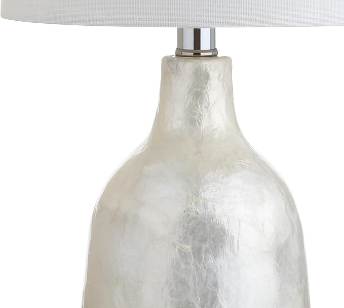 JONATHAN Y JYL4007A 21" Coastal Seashell Table Lamp, Contemporary Pearl White Bedside Lamp for Living Room, Bedroom Nightstand, End Table Desk Lamp with White Linen Drum Shade, LED Bulb Included