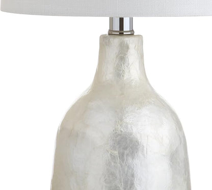 JONATHAN Y JYL4007A 21" Coastal Seashell Table Lamp, Contemporary Pearl White Bedside Lamp for Living Room, Bedroom Nightstand, End Table Desk Lamp with White Linen Drum Shade, LED Bulb Included