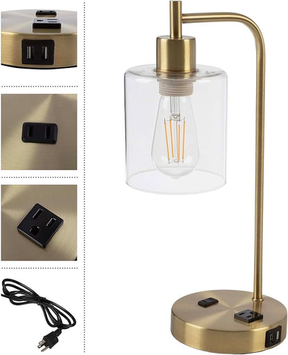 Lavish Home Set of 2 Table Lamps - Industrial Lamps with USB Ports, Touch Control, and Edison Bulb - Living Room, Office, or Bedroom Decor (Gold)