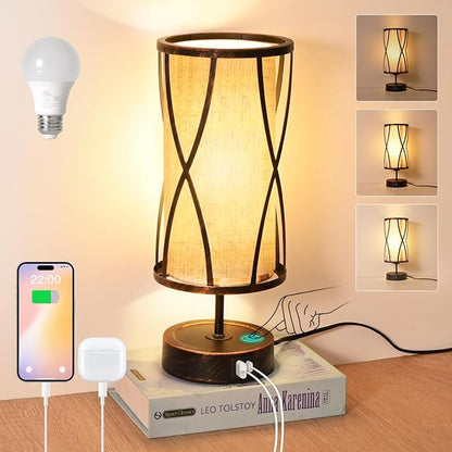 Distressed Table Lamps for Living Room, 3 Way Dimmable Touch Lamps, Small Bedside Lamps with LED Bulbs, USB Ports C+A, Nightstand Lamp for Kids Room, Bedroom, Office (1 Pack Iron)