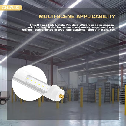 8 Foot Led Bulbs T8 T12 LED 8ft Tube Light F96T8 F96T12 LED Bulb 96" FA8 Single Pin LED Fluorescent Replacement, (100W Fluorescent Equivalent) 6500K CW Daylight Milky Cover, 10 Pack
