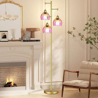 Floor Lamp for Living Room,Bedroom,Gold Mid Century Modern Standing Lamp Brass Tree 3 Light Tall Floor Lamps Vintage Retro Floor Lights Glass Flower Lamp Shade Farmhouse Boho Bohemian