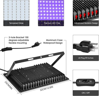 4 Pack 300W LED Black Flood Light, Outdoor with Plug and Switch, IP66 Waterproof Blacklight for Glow Party, Halloween, Fluorescent Poster, Body Paint, Aquarium