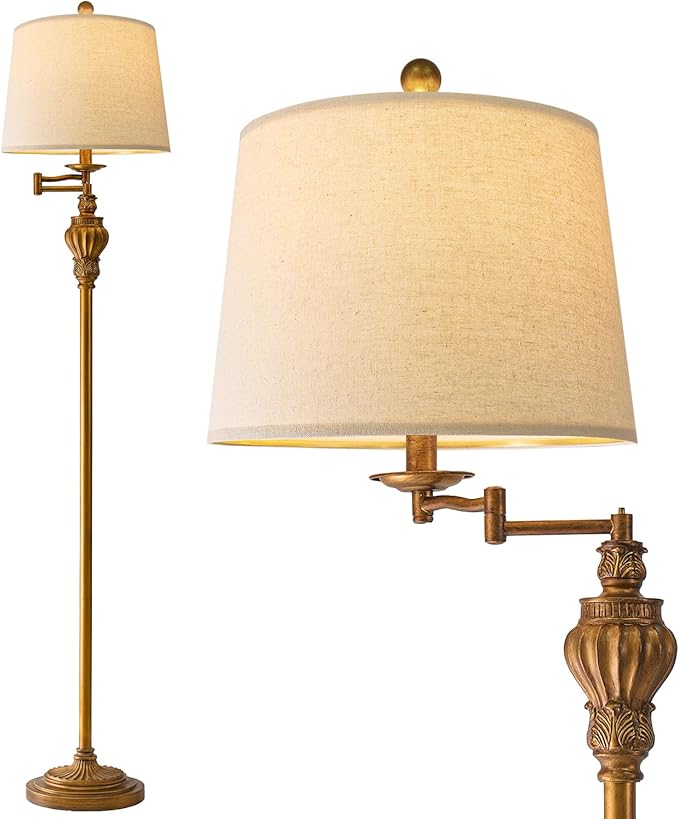 61" Vintage Floor Lamp with 350° Adjustable Swing Arm, Gold Standing Lamp for Bedroom Living Room Nightstand Bedside Retro Farmhouse Mid Century Lamp Light Home Décor Office Gifts